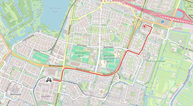 Kaart van de omgeving van de melding, met de kazerne die is gealarmeerd