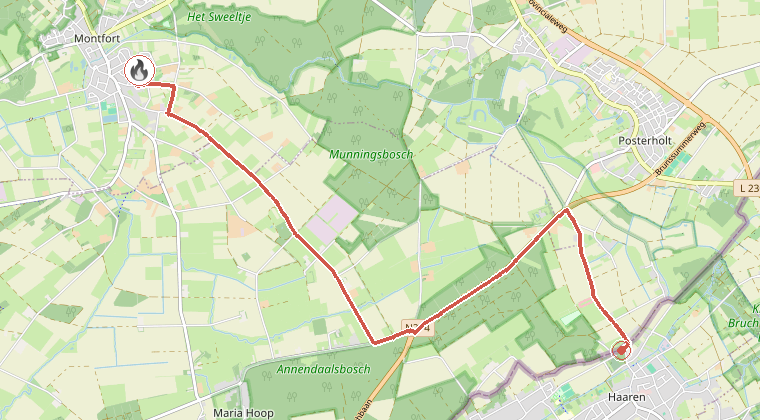 Kaart van de omgeving van de melding, met de kazerne die is gealarmeerd