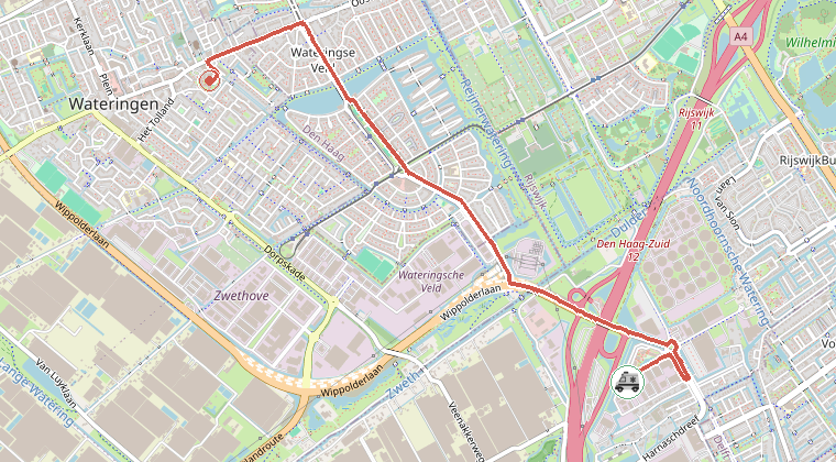 Kaart van de omgeving van de melding, met de kazerne die is gealarmeerd