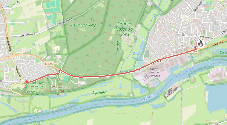 Kaart van de omgeving van de melding, met de kazerne die is gealarmeerd