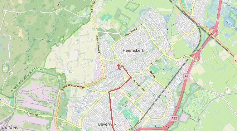 Kaart van de omgeving van de melding, met de kazerne die is gealarmeerd