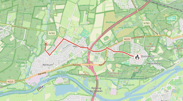 Kaart van de omgeving van de melding, met de kazerne die is gealarmeerd