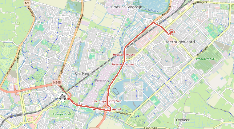Kaart van de omgeving van de melding, met de kazerne die is gealarmeerd