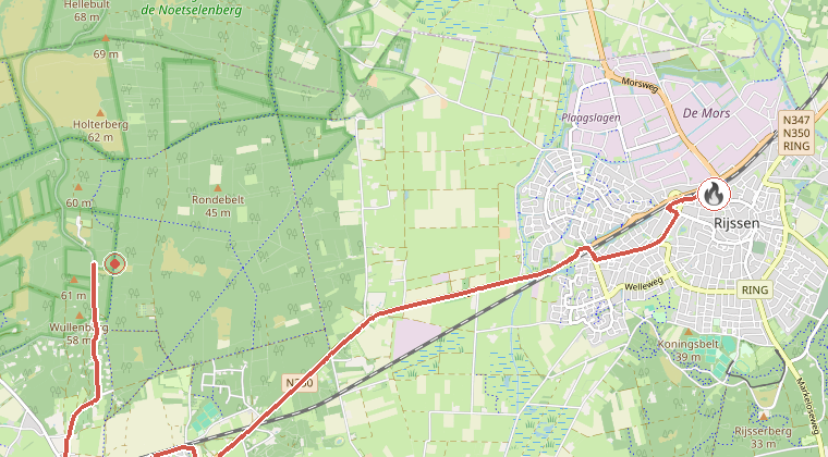 Kaart van de omgeving van de melding, met de kazerne die is gealarmeerd