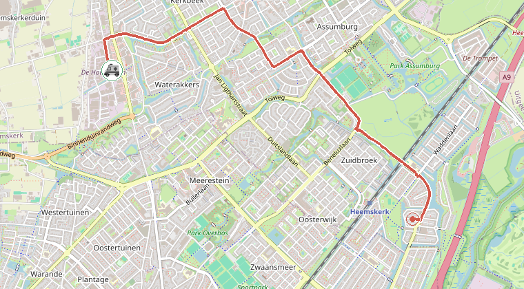 Kaart van de omgeving van de melding, met de kazerne die is gealarmeerd