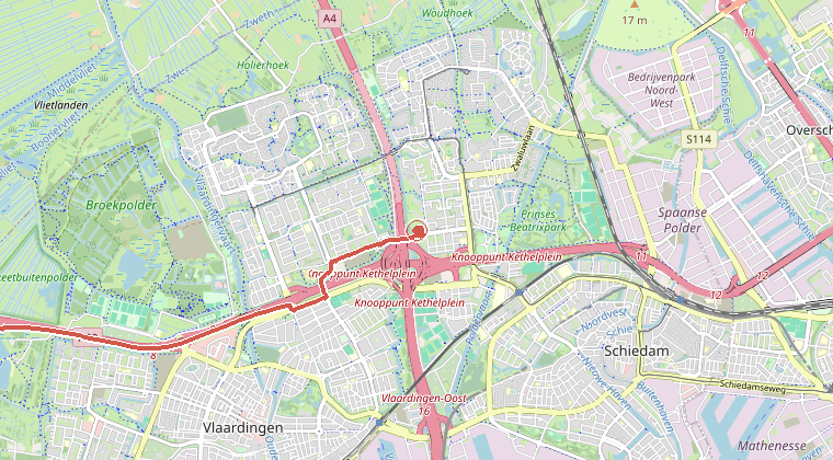 Kaart van de omgeving van de melding, met de kazerne die is gealarmeerd