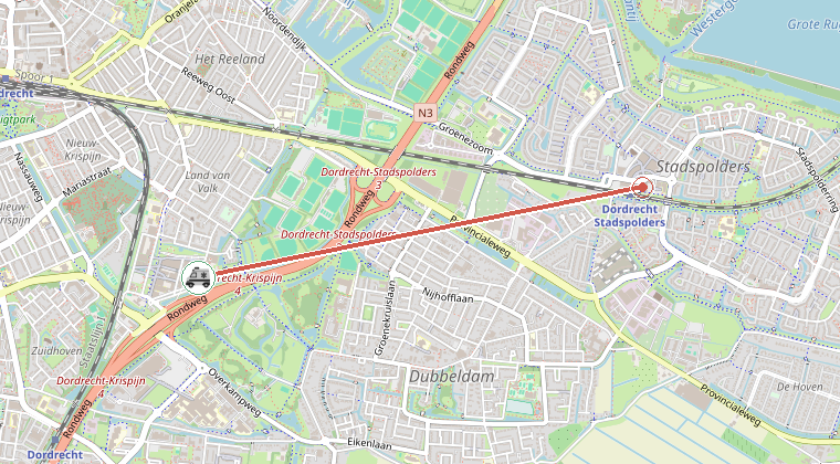Kaart van de omgeving van de melding, met de kazerne die is gealarmeerd