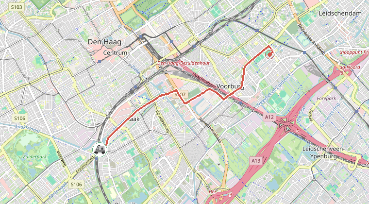 Kaart van de omgeving van de melding, met de kazerne die is gealarmeerd