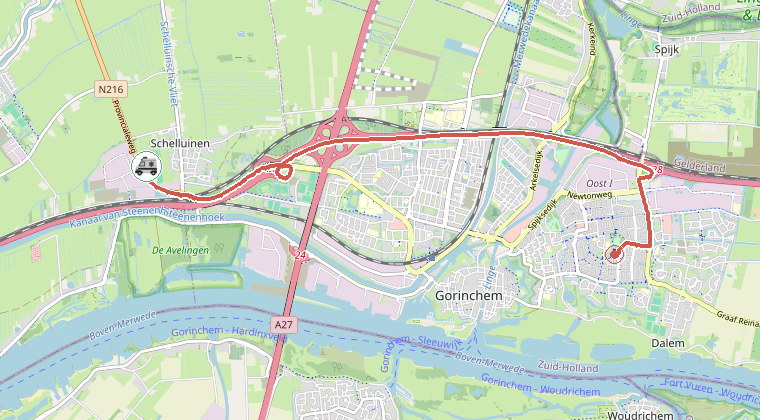 Kaart van de omgeving van de melding, met de kazerne die is gealarmeerd