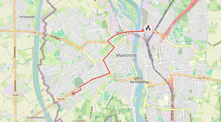 Kaart van de omgeving van de melding, met de kazerne die is gealarmeerd