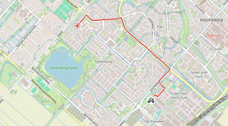 Kaart van de omgeving van de melding, met de kazerne die is gealarmeerd