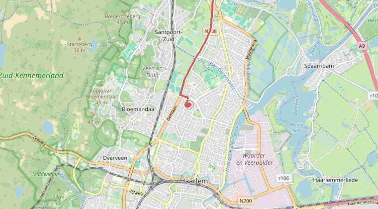 Kaart van de omgeving van de melding, met de kazerne die is gealarmeerd