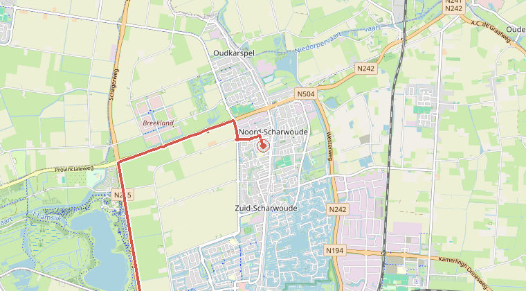 Kaart van de omgeving van de melding, met de kazerne die is gealarmeerd