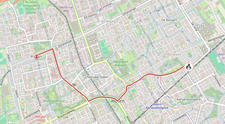 Kaart van de omgeving van de melding, met de kazerne die is gealarmeerd