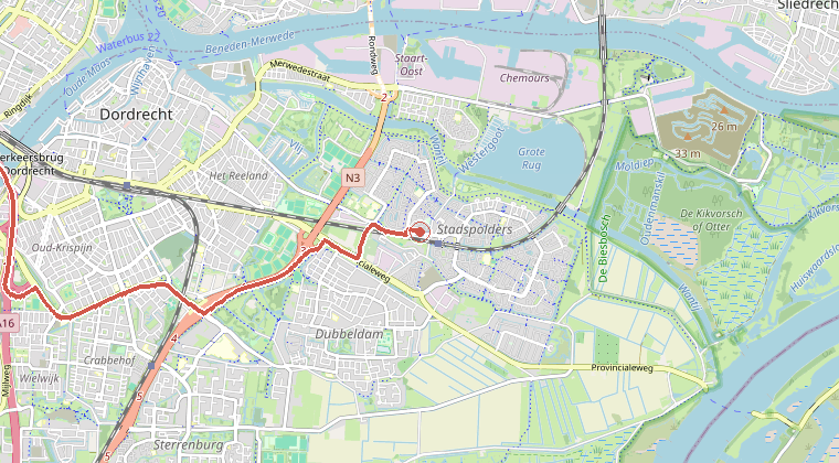 Kaart van de omgeving van de melding, met de kazerne die is gealarmeerd