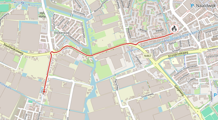 Kaart van de omgeving van de melding, met de kazerne die is gealarmeerd