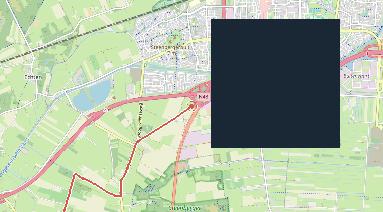 Kaart van de omgeving van de melding, met de kazerne die is gealarmeerd