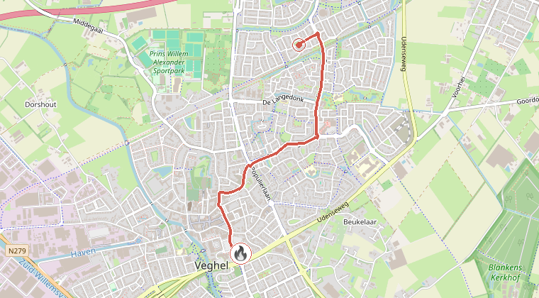 Kaart van de omgeving van de melding, met de kazerne die is gealarmeerd