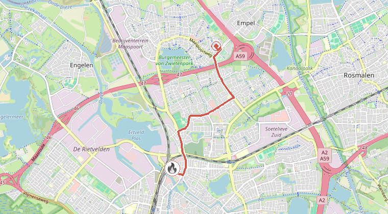 Kaart van de omgeving van de melding, met de kazerne die is gealarmeerd