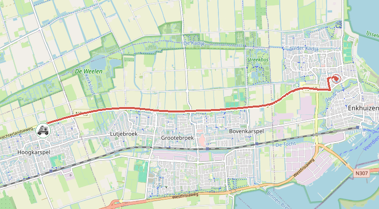 Kaart van de omgeving van de melding, met de kazerne die is gealarmeerd