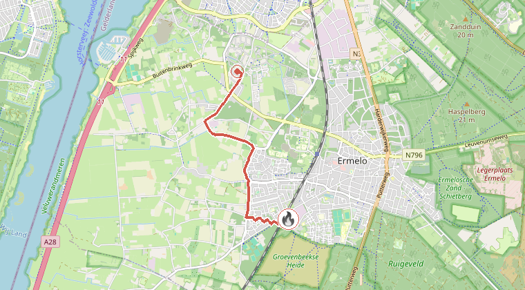 Kaart van de omgeving van de melding, met de kazerne die is gealarmeerd
