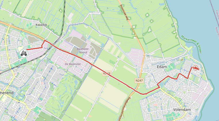 Kaart van de omgeving van de melding, met de kazerne die is gealarmeerd