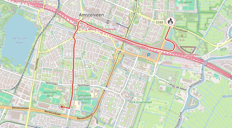 Kaart van de omgeving van de melding, met de kazerne die is gealarmeerd