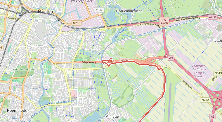 Kaart van de omgeving van de melding, met de kazerne die is gealarmeerd