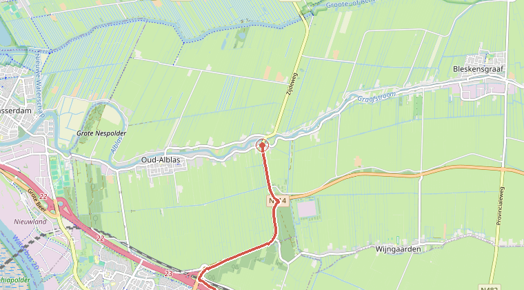 Kaart van de omgeving van de melding, met de kazerne die is gealarmeerd