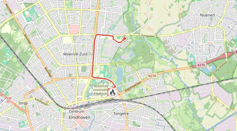 Kaart van de omgeving van de melding, met de kazerne die is gealarmeerd