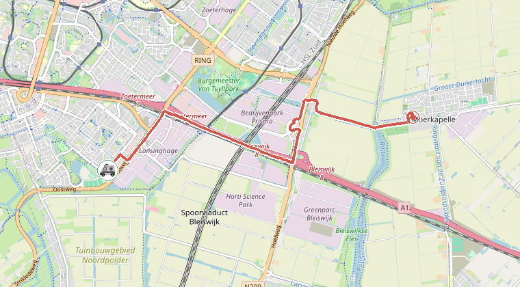 Kaart van de omgeving van de melding, met de kazerne die is gealarmeerd