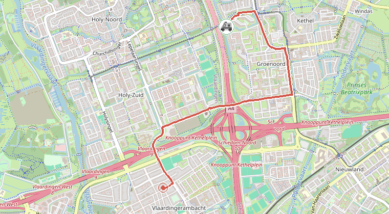 Kaart van de omgeving van de melding, met de kazerne die is gealarmeerd