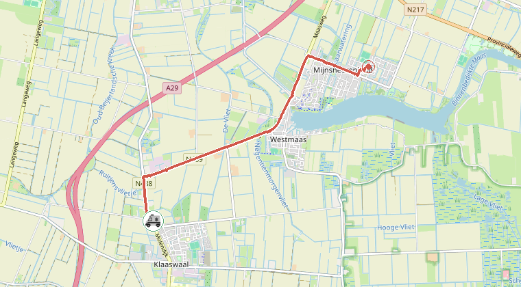 Kaart van de omgeving van de melding, met de kazerne die is gealarmeerd