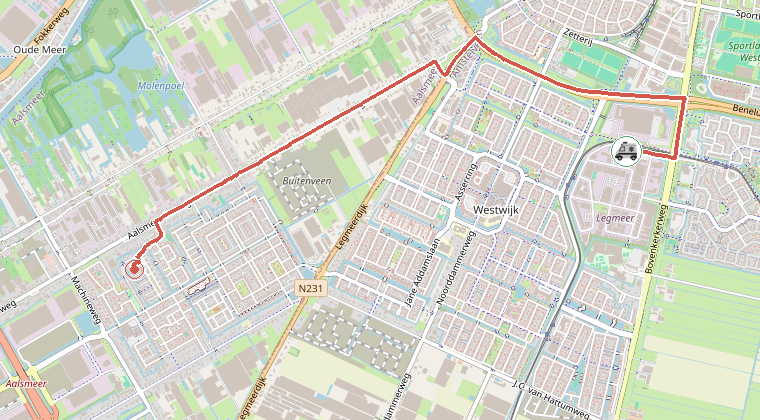 Kaart van de omgeving van de melding, met de kazerne die is gealarmeerd