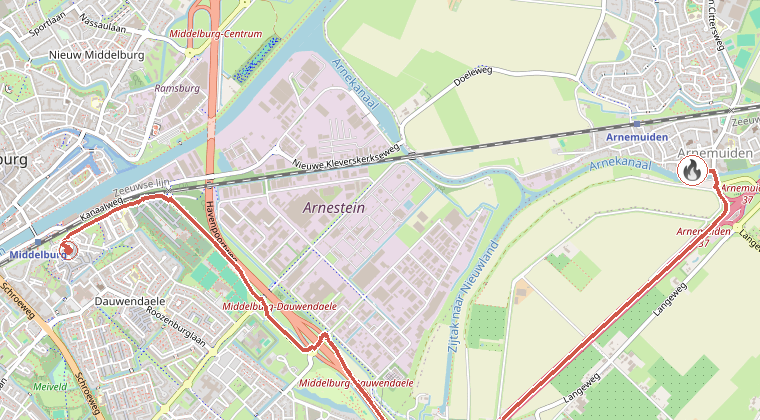 Kaart van de omgeving van de melding, met de kazerne die is gealarmeerd