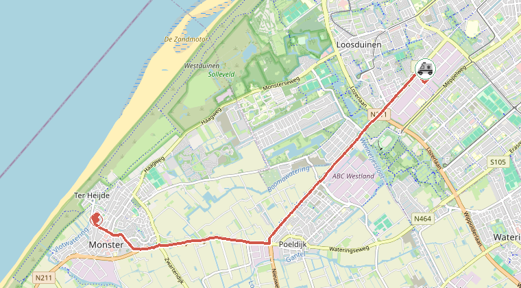 Kaart van de omgeving van de melding, met de kazerne die is gealarmeerd
