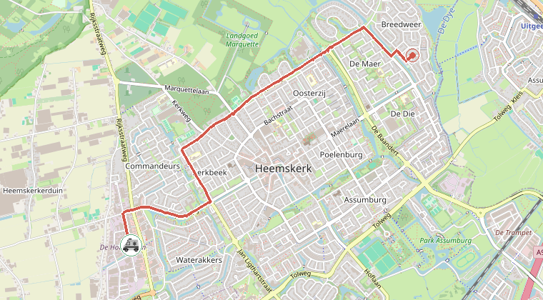 Kaart van de omgeving van de melding, met de kazerne die is gealarmeerd