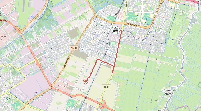 Kaart van de omgeving van de melding, met de kazerne die is gealarmeerd