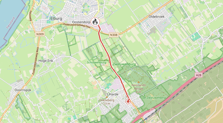 Kaart van de omgeving van de melding, met de kazerne die is gealarmeerd