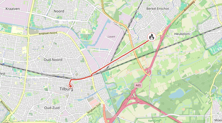 Kaart van de omgeving van de melding, met de kazerne die is gealarmeerd