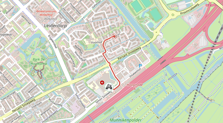Kaart van de omgeving van de melding, met de kazerne die is gealarmeerd
