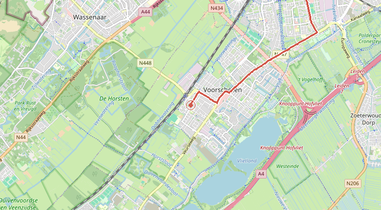 Kaart van de omgeving van de melding, met de kazerne die is gealarmeerd