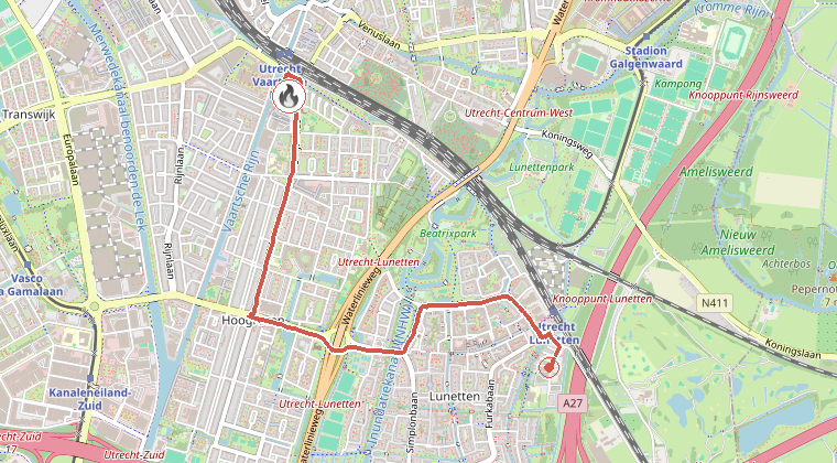 Kaart van de omgeving van de melding, met de kazerne die is gealarmeerd
