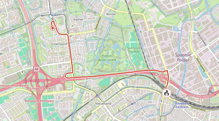 Kaart van de omgeving van de melding, met de kazerne die is gealarmeerd