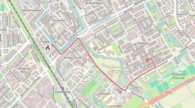 Kaart van de omgeving van de melding, met de kazerne die is gealarmeerd