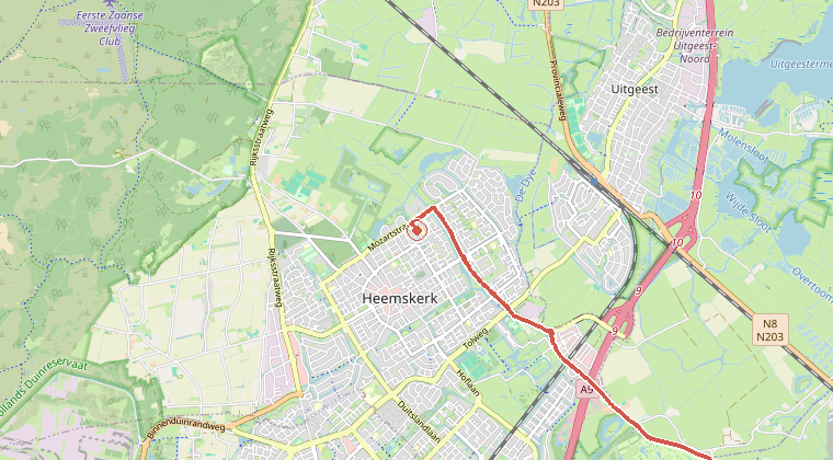 Kaart van de omgeving van de melding, met de kazerne die is gealarmeerd