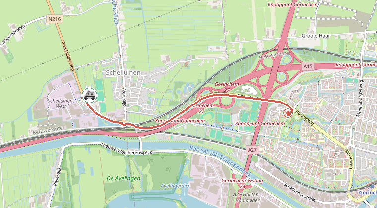 Kaart van de omgeving van de melding, met de kazerne die is gealarmeerd