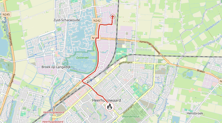 Kaart van de omgeving van de melding, met de kazerne die is gealarmeerd