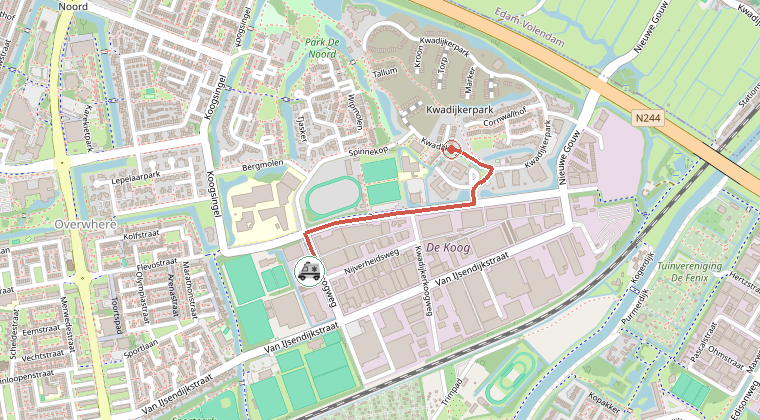 Kaart van de omgeving van de melding, met de kazerne die is gealarmeerd