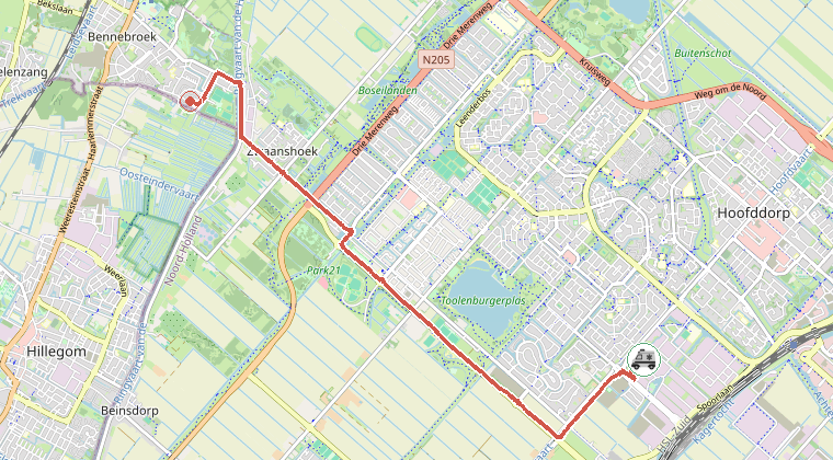 Kaart van de omgeving van de melding, met de kazerne die is gealarmeerd